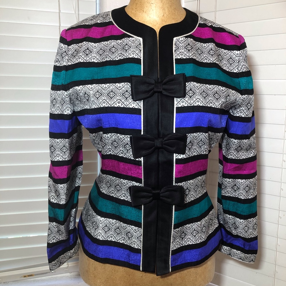 ADRIANA PAPELL 100% silk striped bow blazer 6P